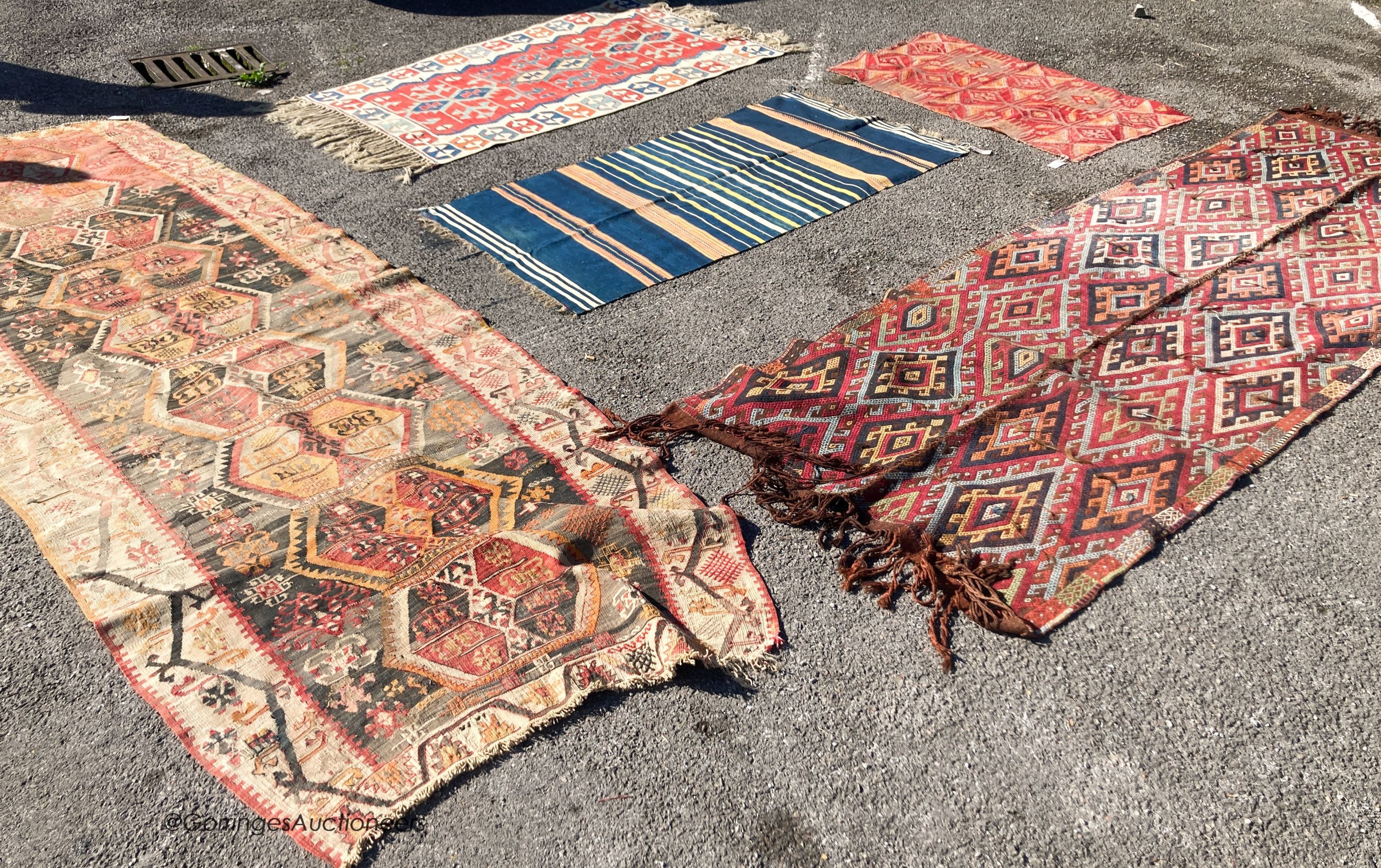 Five various flatweave Kelim rugs/hangings, largest 300 x 115cm